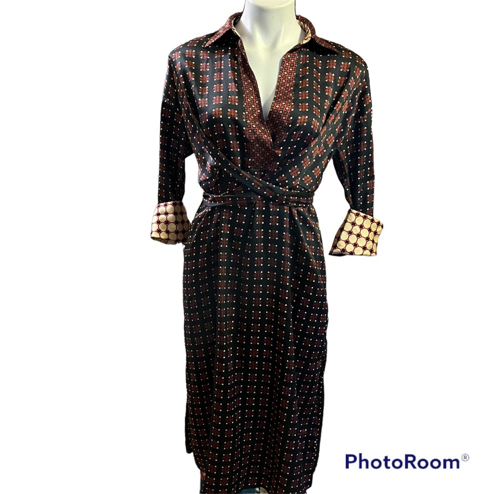 ZARA black brown geometric silky collared dress-